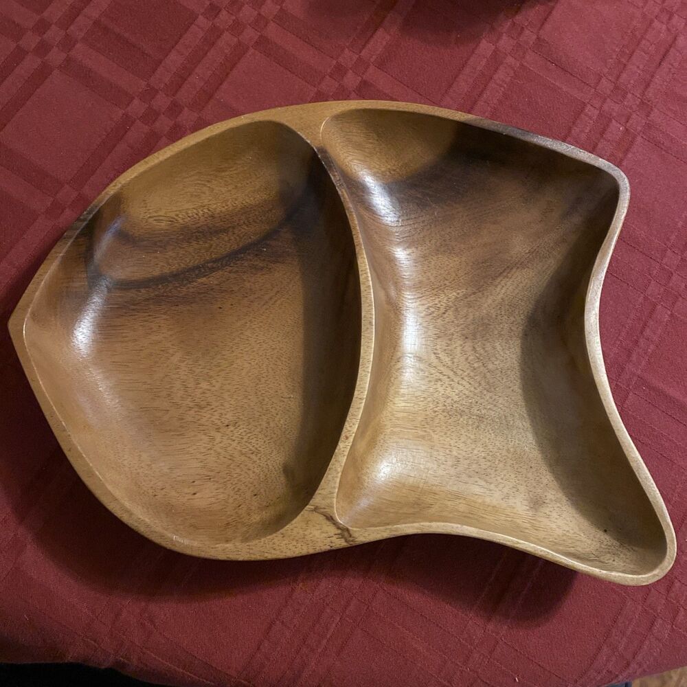 Vintage MCM Genuine Wood 2 Section Boho Serving Tray , Cottage Bohemian